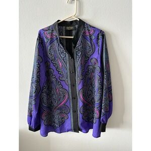 Bob Mackie 1X Wearable Art Colorful Paisley Blouse Button Up Top Artsy Bohemian